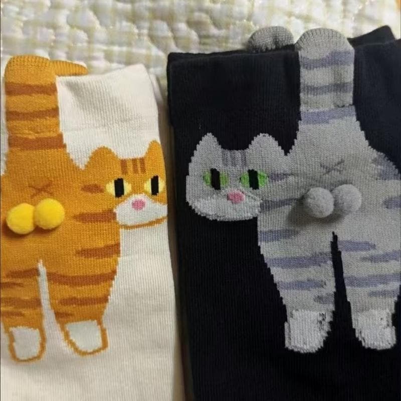 2 Pares de Presente para Amantes de Gatos: Meias de Algodão para Mulheres com Gato de Desenho Animado, Meias Respiráveis e Confortáveis para Todas