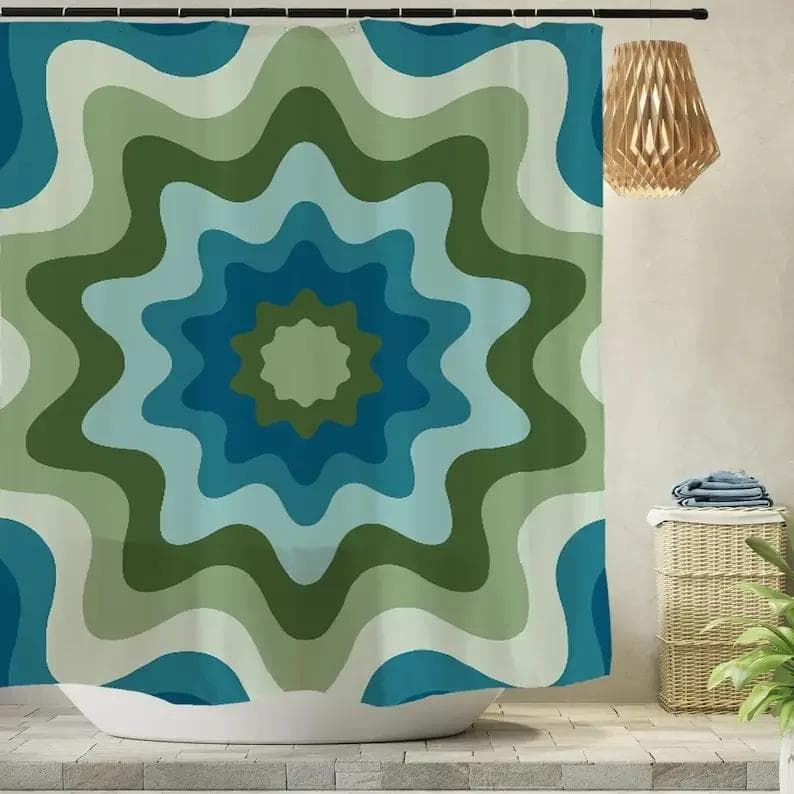 Stylish Retro-Inspired Shower Curtain for a Trendy Bathroom, Featuring Bold Blue and Green Swirl Patterns. This Eye-Catching