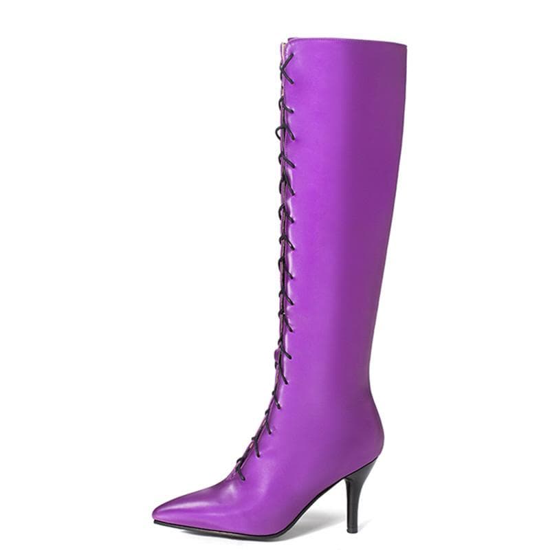 Botas de cano alto femininas da moda, sapatos de salto alto com cadarço, sexy, roxo, para festa de outono e inverno, tamanho grande cm roxo