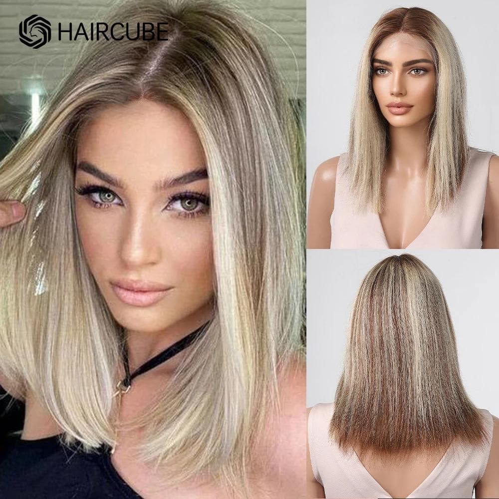 HAIRCUBE 100% Remy Cabelo Humano Peruca Destaques Loira Cabelo Humano Perucas para Mulheres Brancas 13x1 Lace Frontal Perucas Natural Castanho Liso Bo