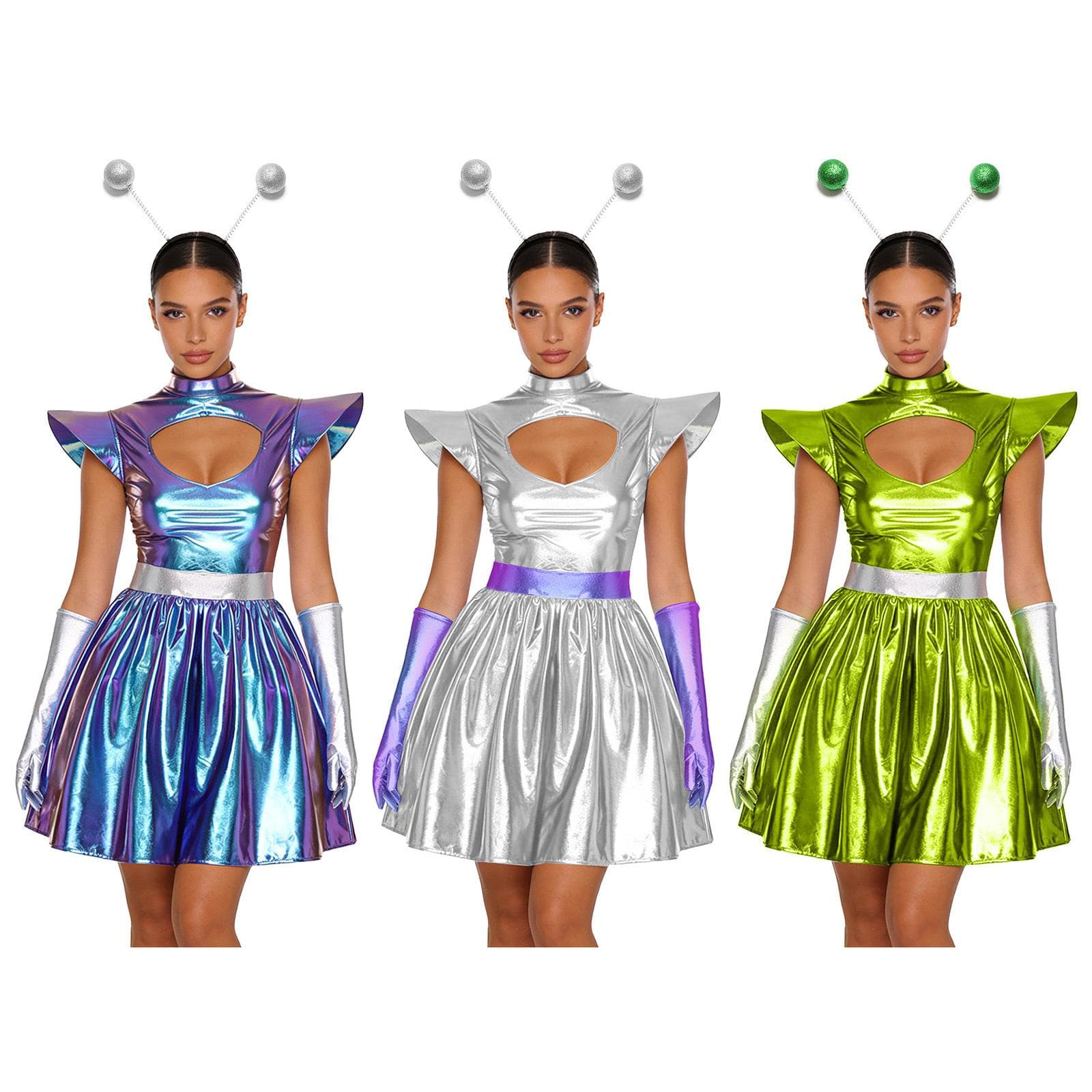 Fantasia de Alienígena Espacial Feminina Vestido Metálico Brilhante com Decote Recortado Conjunto Completo de Luvas e Presilha para Cabelo Festa de