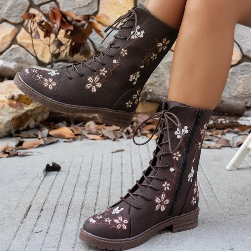 Botas Retrô Novas, Botas de Cano Médio e Sapatos Femininos com Bordado do Comércio cm café