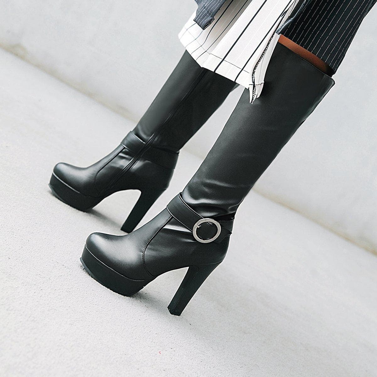 Botas femininas de salto alto, plataforma impermeável elegante, salto grosso, cor sólida, botas grandes versáteis cm preto