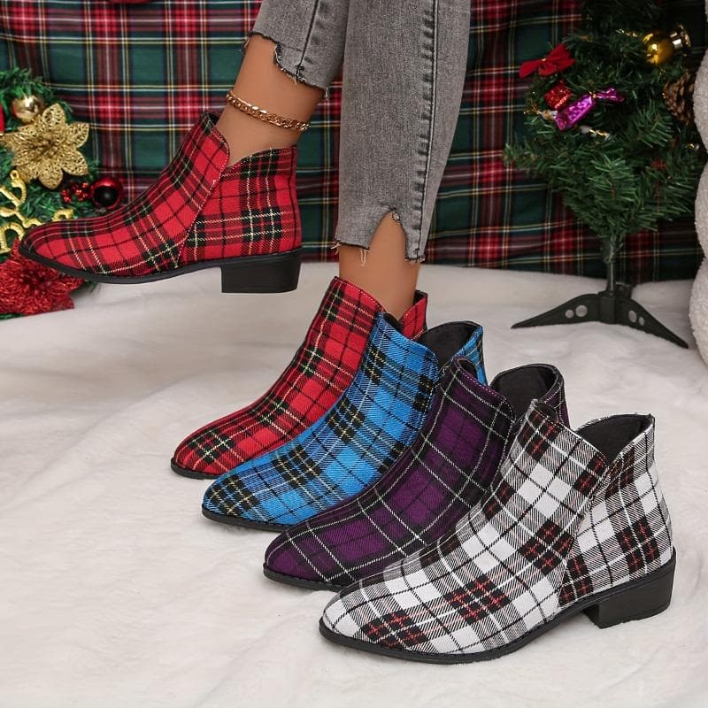 Botins Chunky de Salto Baixo Estilo Natal - Botas Curtas Femininas Xadrez com Zíper Lateral cm