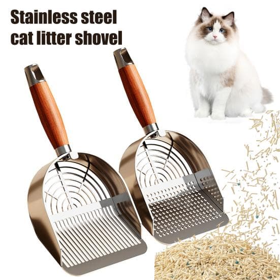 Pá de metal para areia de gato com suporte para cocô de animal de estimação com cabo de madeira ergonômico, pá de peneiramento rápido,