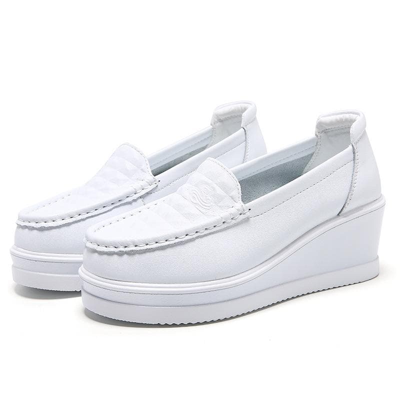 Sapatos de enfermagem brancos femininos primavera outono senhoras cunhas plataforma mocassins femininos trabalho slip on sapatos de couro genuíno