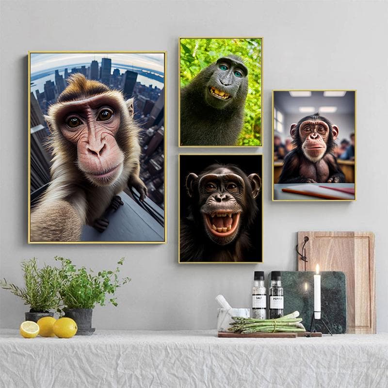 Engraçado macaco selfie feliz chimpanzé cartaz impressão em tela pintura animal arte da parede para sala de estar decoração casa quadros