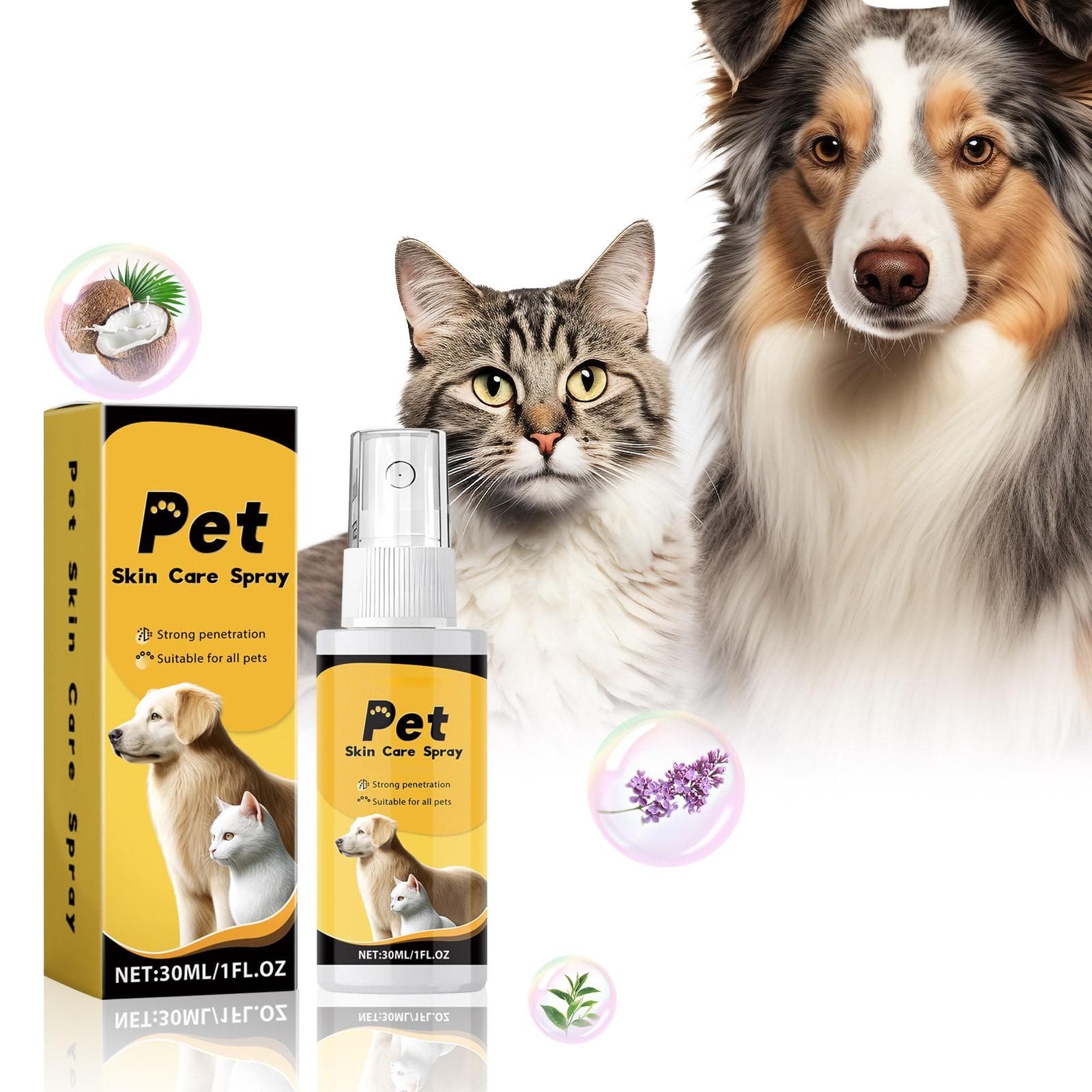 Pet Skin Spray Dog & Cat Skin Care Spray, Spray Calmante Limpeza e Amaciamento da Pele, Spray Calmante Anti-Coceira Spray Nutritivo, 30ML branco