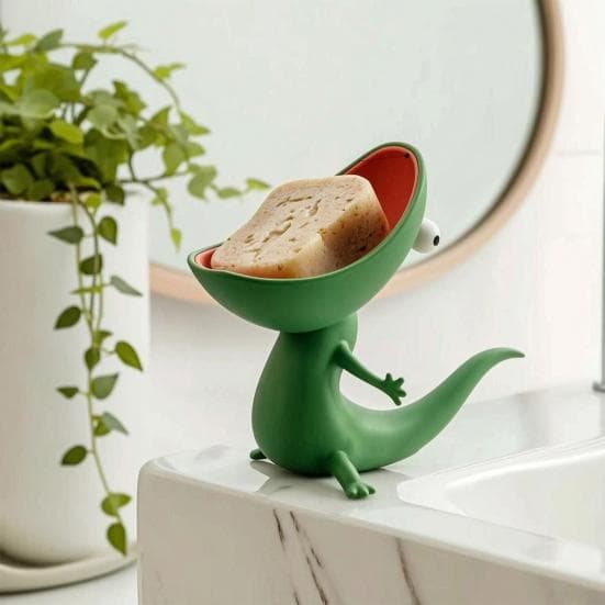Lizard Soap Holder Cute Countertop Soap Tray with Drain Hole for Bathroom Sink Funny Cartoon Lizard Organizer Tray for Keys Jewelry Candy verde