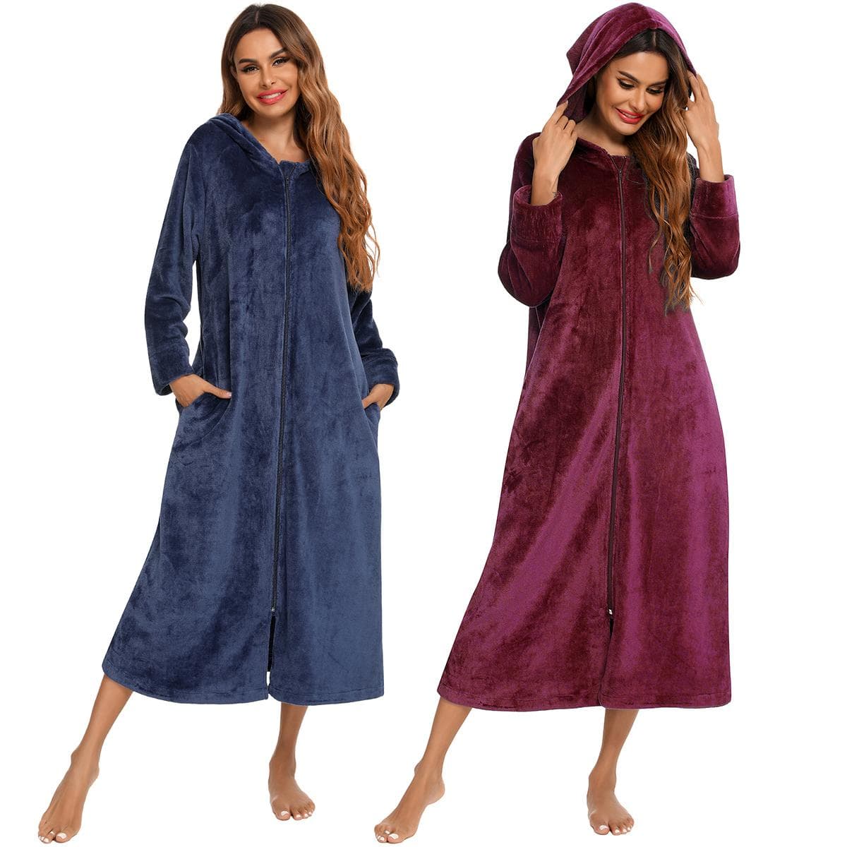 Roupão feminino com zíper de lã de pelúcia com capuz quente longo roupão de banho inverno aconchegante com zíper espreguiçadeira pijamas
