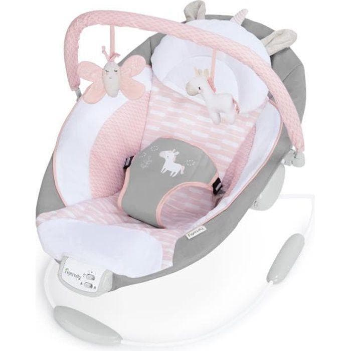 INGENUITY Cadeira de Balanço para Bebê - Flora - Arco com Brinquedos de Desenvolvimento Removível, 8 Melodias, Vibrações Suavizantes, Presente de