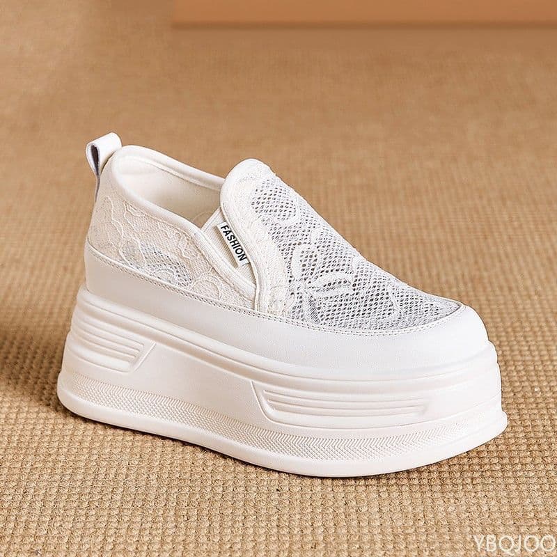 Tênis Esportivo Feminino com Renda e Flor, Solado Grosso, Superfície em Malha, Estilo Verão, Respirável, Casual, Aumenta a Altura cm alperce