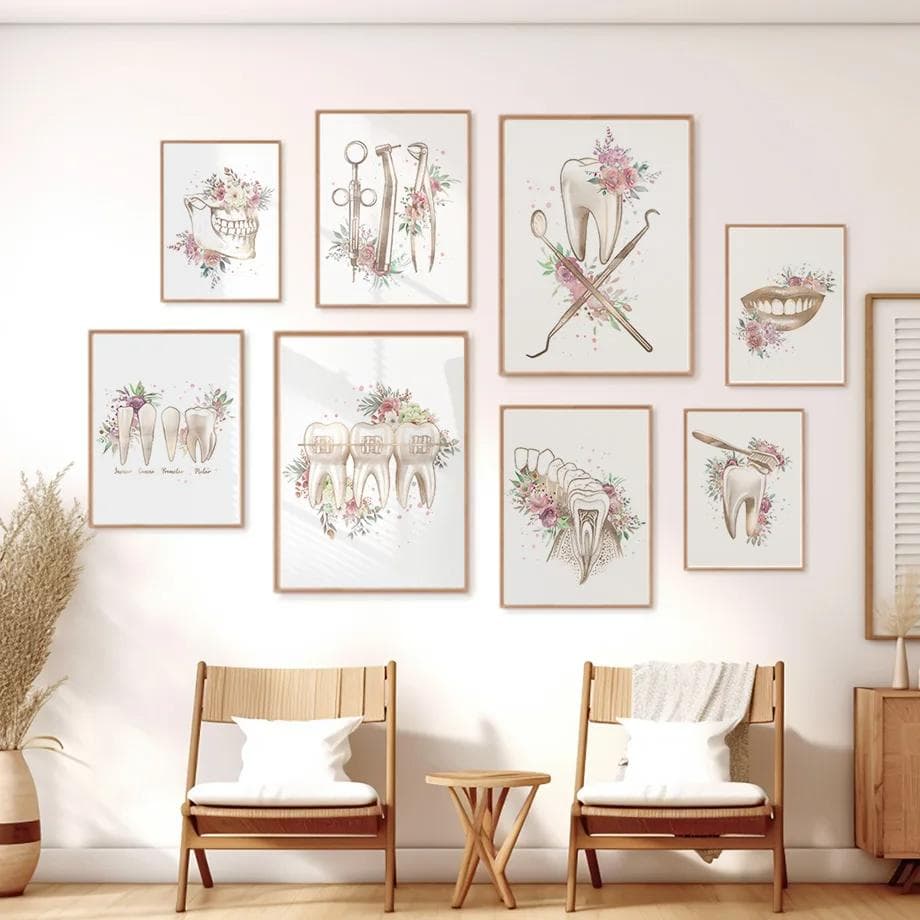 Aquarela Anatomia do Dente Obra de Arte Pôster Presente Saúde Bucal Floral Ferramenta de Dentista Impressões de Arte de Parede Pintura em Tela