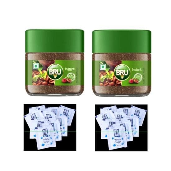 Café Solúvel Bru, Frasco de 25g, Pacote com 2, com Sachês de Açúcar Premium, Pacote com 72, Sabor Autêntico do Sul da Índia