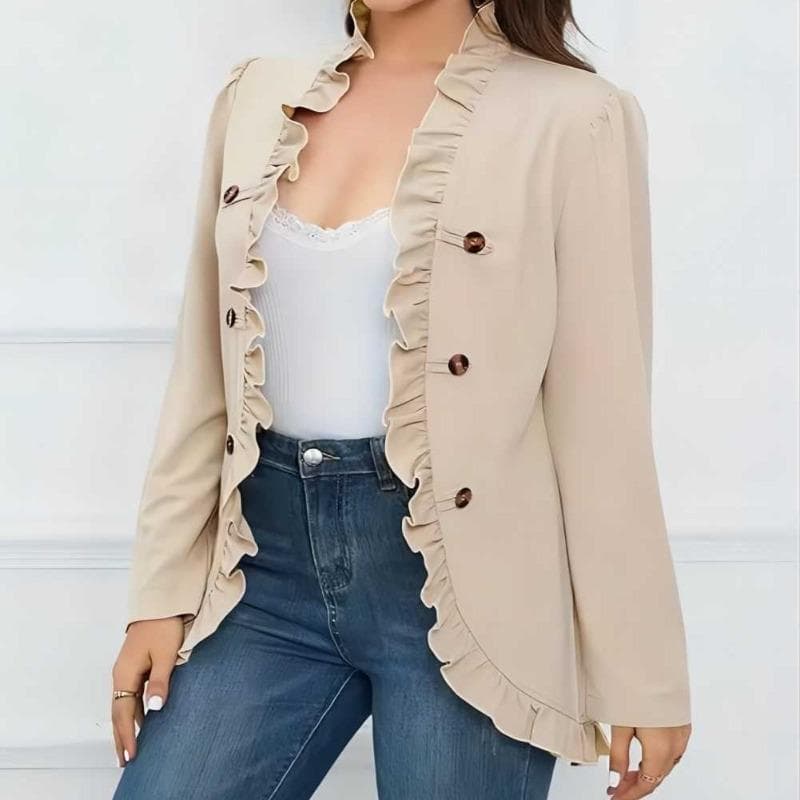 Blazer feminino com babados e frente aberta, jaqueta de manga comprida com botões, casual, slim, casaco curto, para deslocamento diário, outono cm