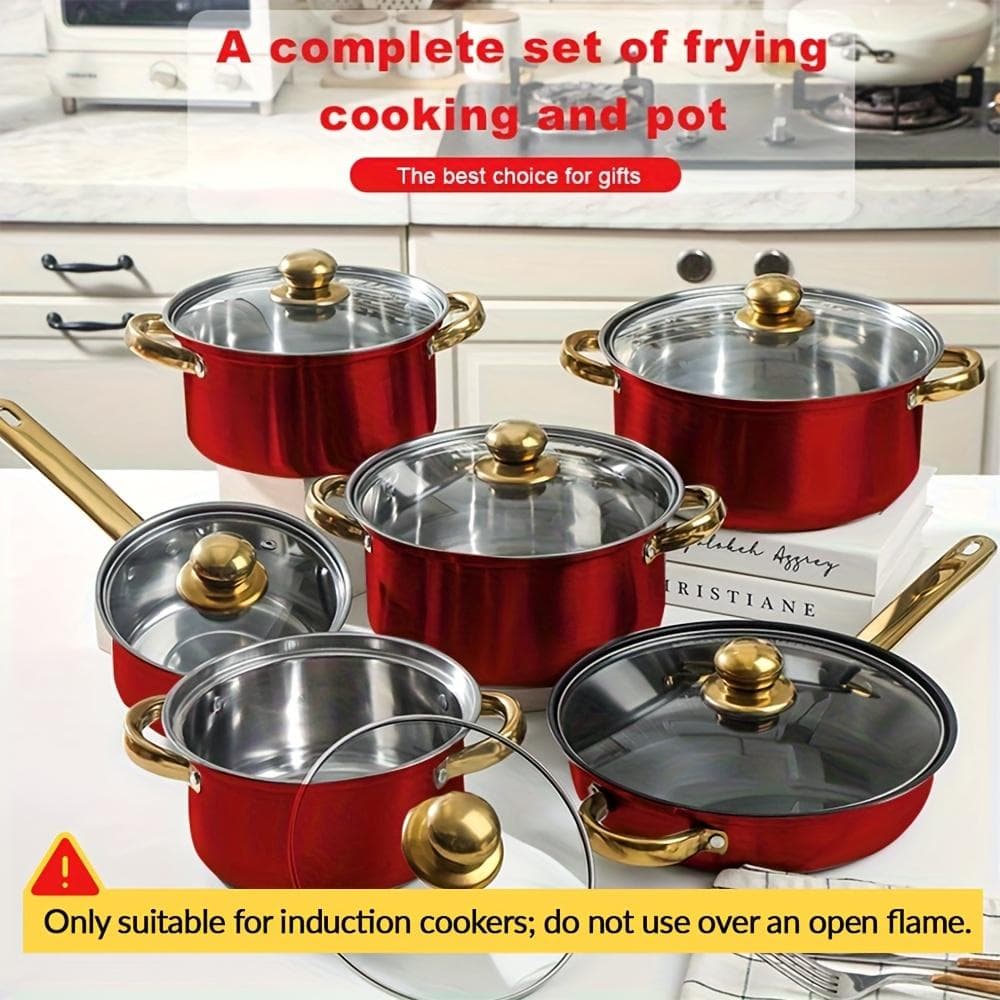 Conjunto de 12 Peças de Frigideiras Antiaderentes - Utensílios de Cozinha de Aço Inoxidável para Fogão a Gás/Elétrico, Conjunto de Frigideira e