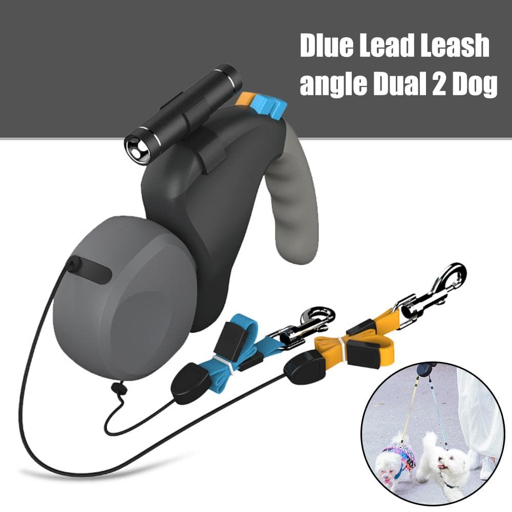 Com luz ajustável pet tração corda cinto retrátil para 2 cães andando dupla corda para cães trela dupla rotação pet corda cinza