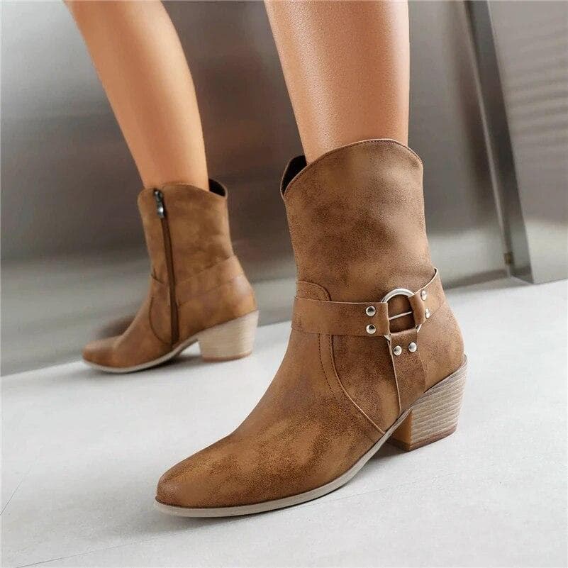 Mulheres tornozelo bota curta dedo do pé redondo grosso meados de salto zíper decoração de metal ocidental cowboy bota senhora moda sapatos