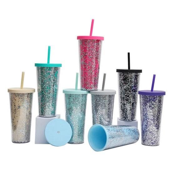 Copo de água de 24 onças/710 ml com canudo, glitter, parede dupla, borda ondulada, copo reto, suco, café gelado, uso diário roxo
