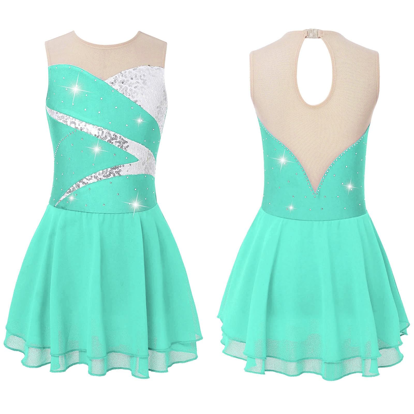 Vestido de dança brilhante para meninas, sem mangas, decote redondo, strass, patchwork, costas vazadas, fantasia de patinação cm azul marinho
