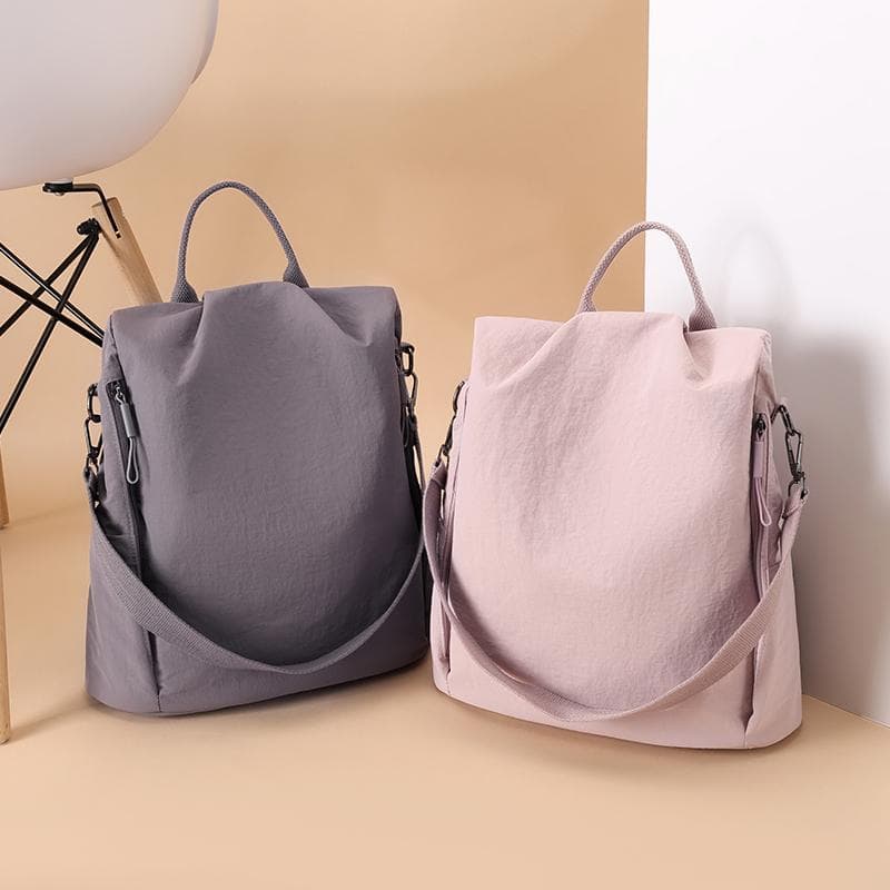 Mochila Antifurto Feminina de Nylon Multifuncional Bolsa de Ombro Mochila Leve de Grande Capacidade bege