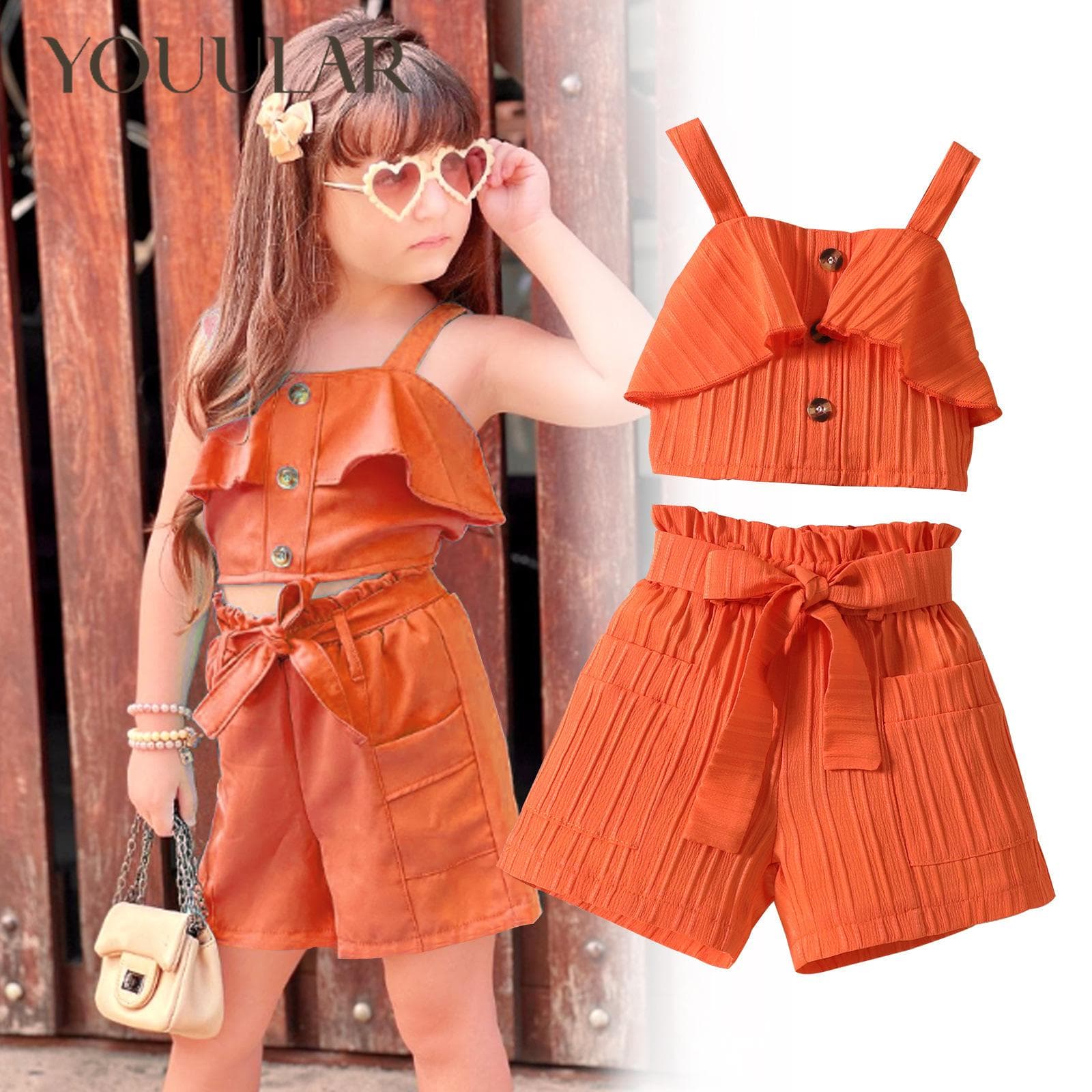 Conjunto de 2 Peças para Meninas de Verão: Top Halter Liso Plissado + Shorts com Cinto cm amarela claro