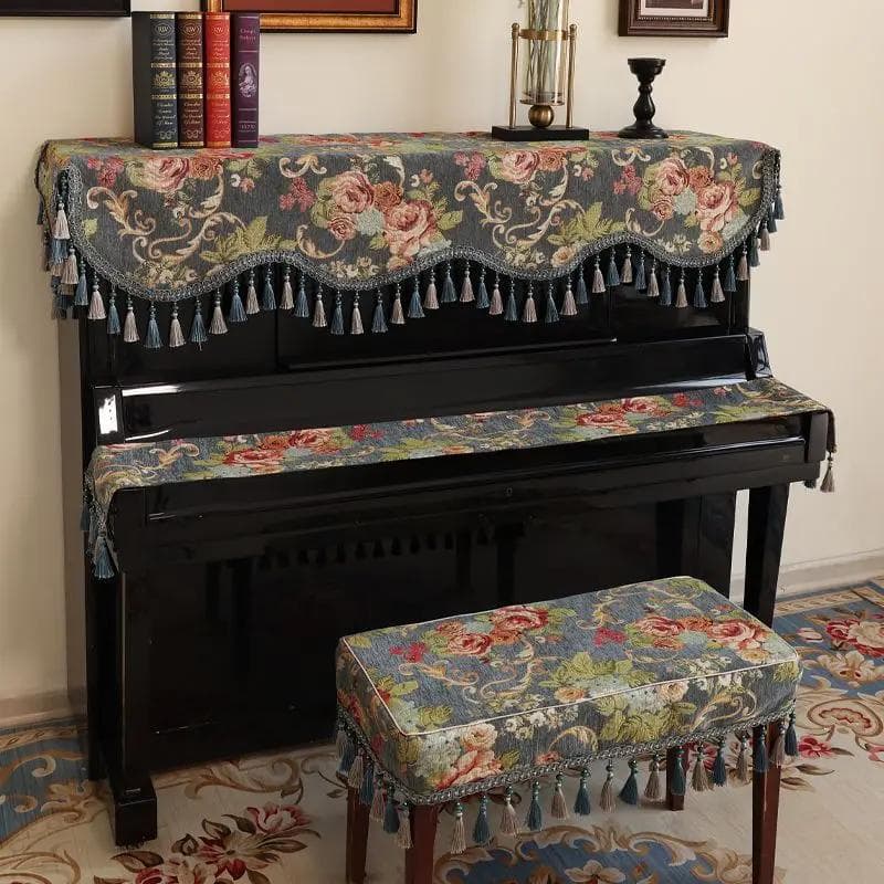 Capa de piano europeia jacquard chenille com borlas e contas capa protetora para piano com padrão floral vintage capa para banco de piano toalha de