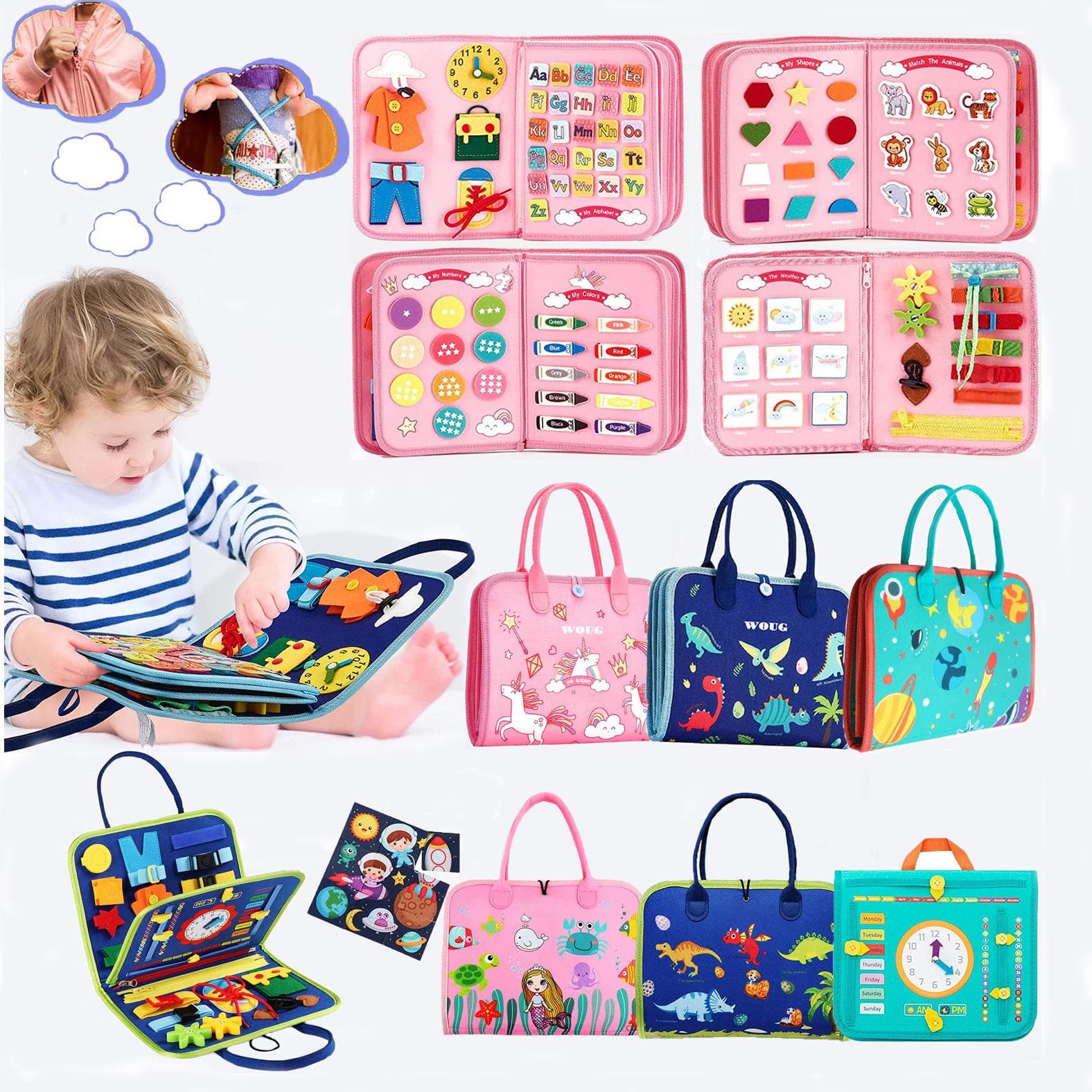 Montessori Toddler Busy Board Atividade educacional para habilidades motoras básicas de vestir Brinquedos de aprendizagem para bebês para viagens