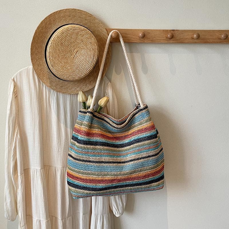 Bolsa de Palha Tecida para Férias na Praia Bolsa Tote Arco-Íris de Grande Capacidade para Mulheres Bolsa de Ombro para Viagem e Deslocamento