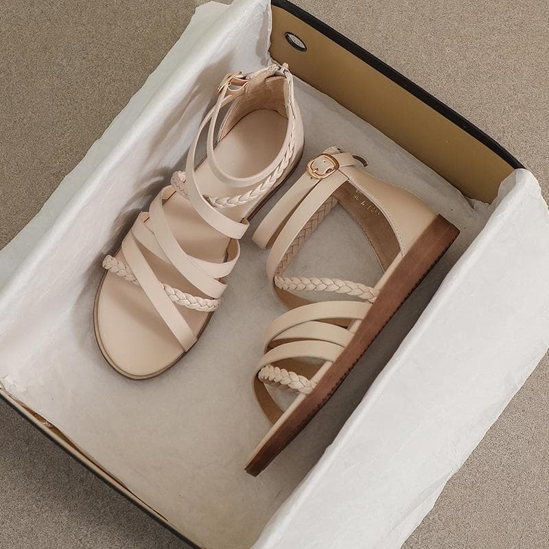Sandálias gladiadoras femininas de moda com tira estreita, cobertura no calcanhar, salto baixo anabela, sapatos de verão, fecho de zíper, tira de