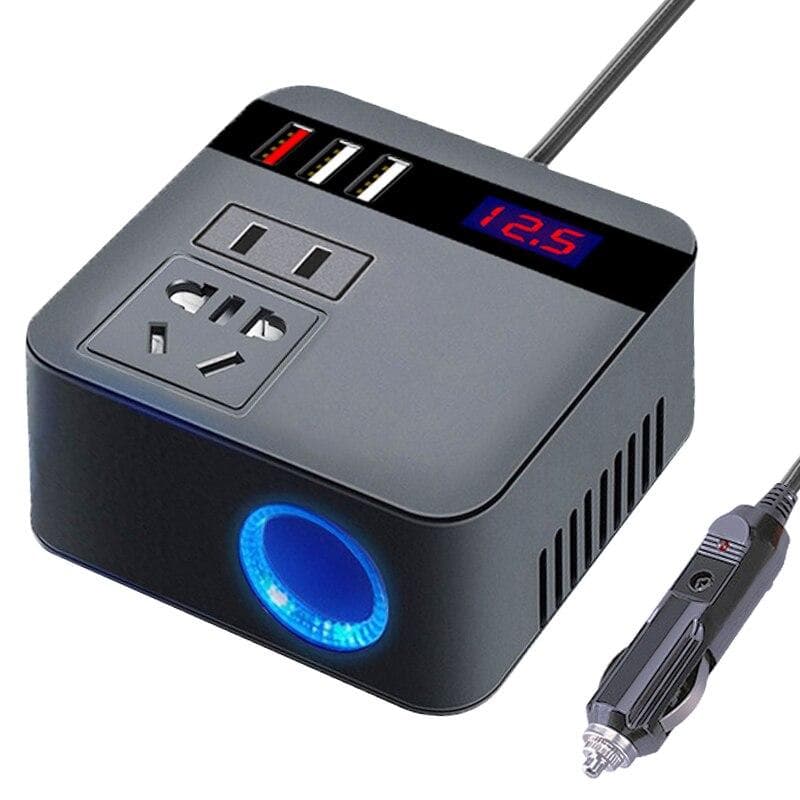 Inversor de Carro 150W de Pico DC12V/24V Para 110V/220V Display LED Tomadas Adaptador Inversor de Potência Carregamento Rápido preto