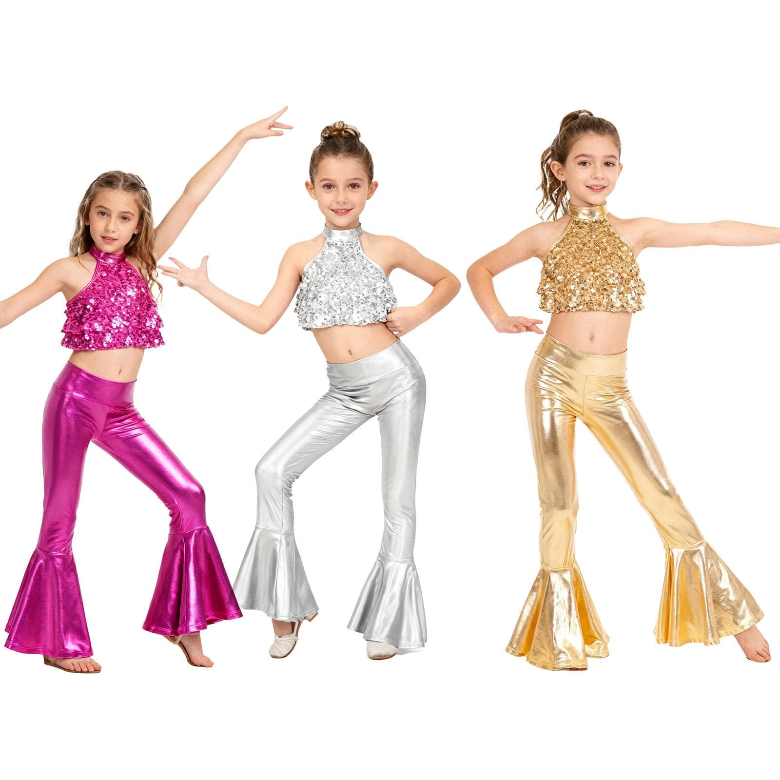 Conjunto Brilhante de Dança para Halloween e Festas para Meninas: Top de Lantejoulas Costas Nuas com Barra Franzida & Calças Flare Brilhantes cm