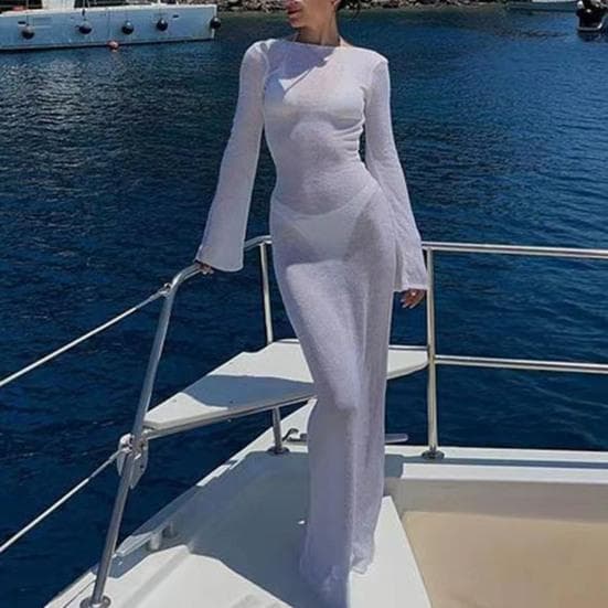 Vestido de saída de praia transparente, justo, justo, com cadarço, costas nuas, elástico, proteção solar, anti-UV, vestido de banho cm branco