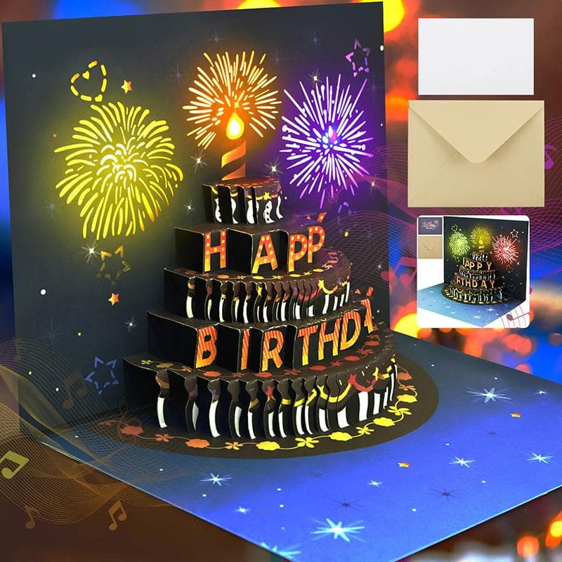 Cartão de Cumpleaños 3D Pop Up Com Luzes Música Cartão de Feliz Cumpleaños Cartão de Felicitações Bolo Fogo de Artifício Presente Para Esposa
