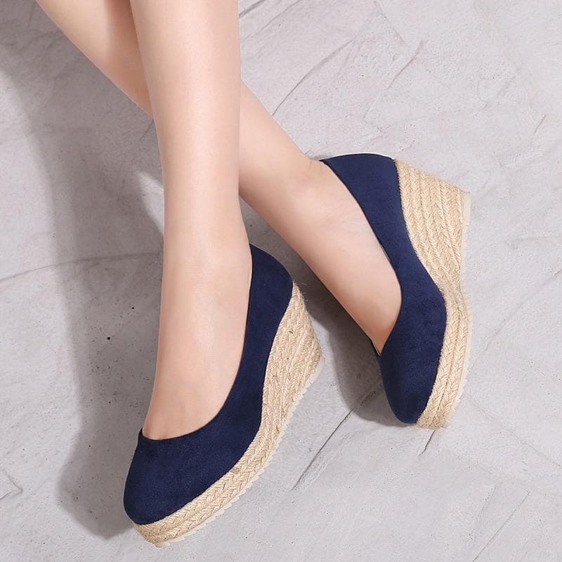 Princesa Kate Mesma Camurça Cunha Sapatos Únicos Mulheres Boca Rasa Alpercatas Primavera E Outono Novas Sandálias De Salto Alto cm azul escuro