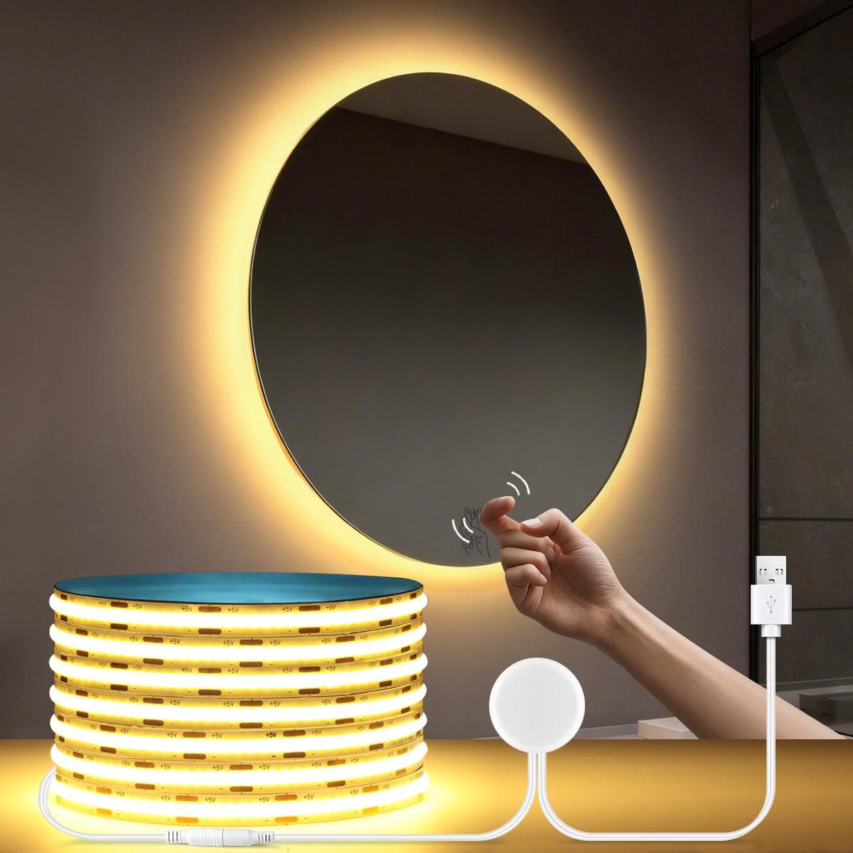 Luz LED de Espelho com Sensor de Vibração Ativado por Toque Duplo USB 5V Faixa LED COB Para Penteadeira Maquiagem Espelho de Vaidade Luzes Traseiras