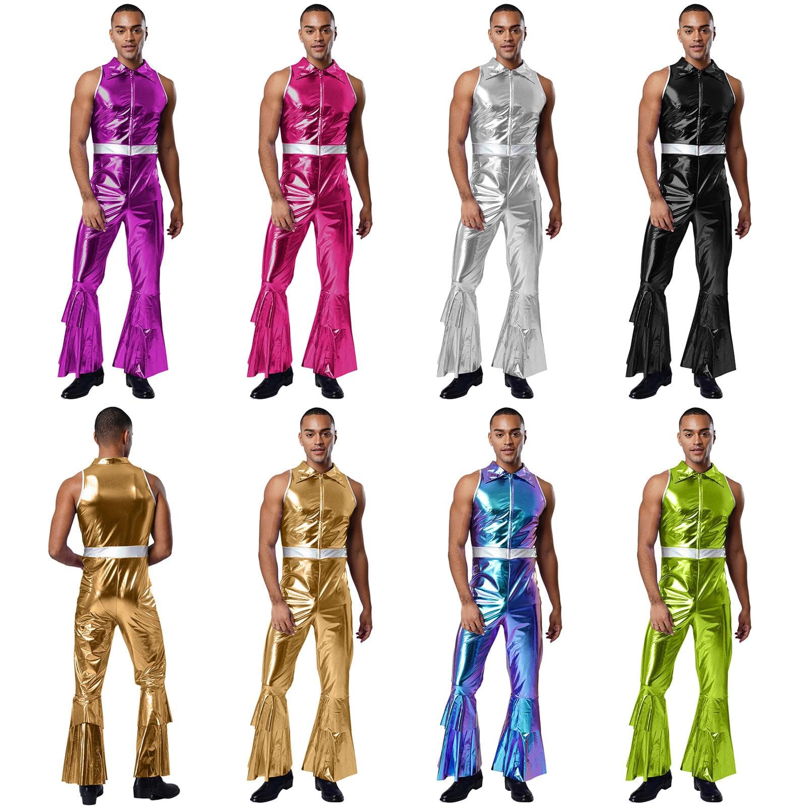 Traje Disco Masculino Anos 70 Gola Lapela Sem Mangas Cintura Alta Boca de Sino Macacão Traje de Dançarino Cantor cm