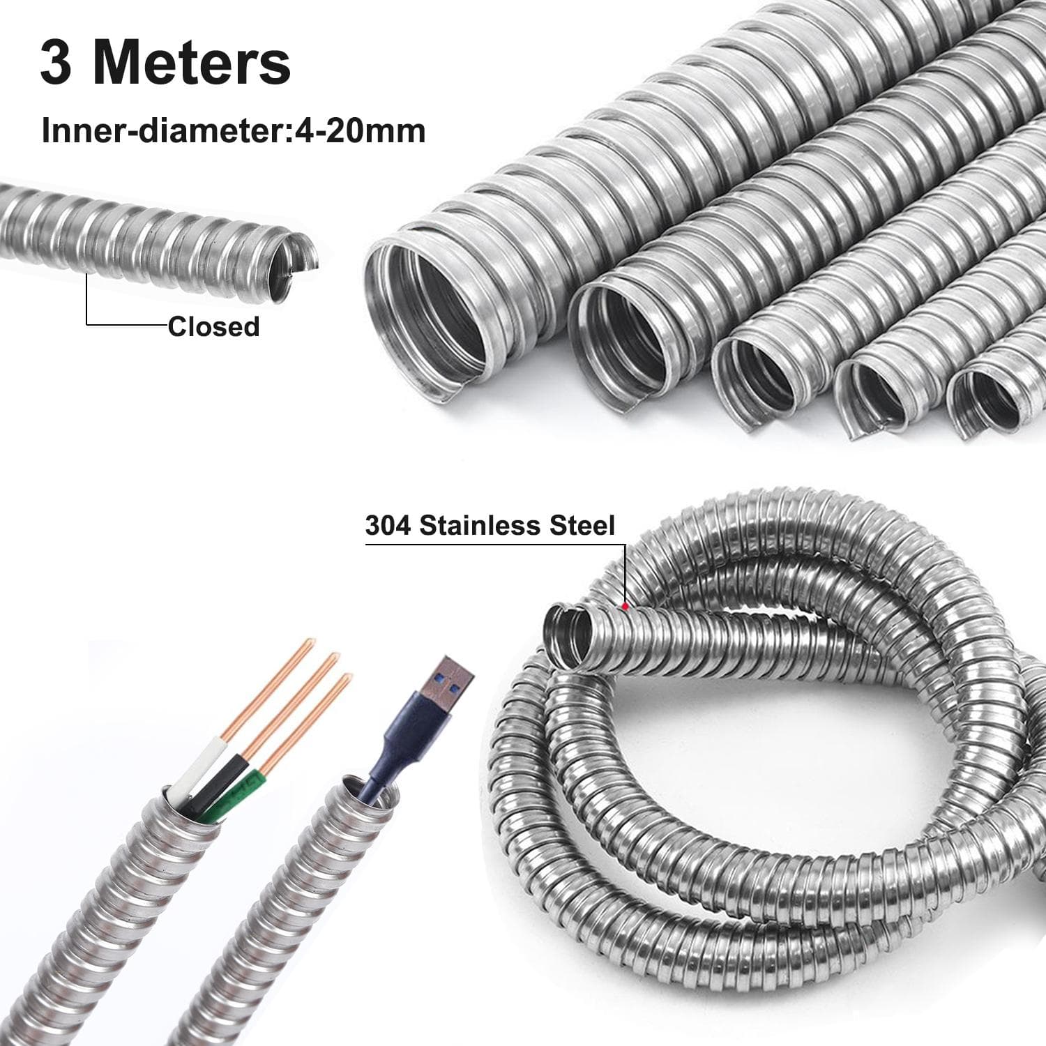 Diâmetro Interno 4-20mm Aço Inoxidável 304 Tubo Corrugado Linha de Fio Cabo Conduto Protetor Mangueira Tubo Comprimento 3 Metros
