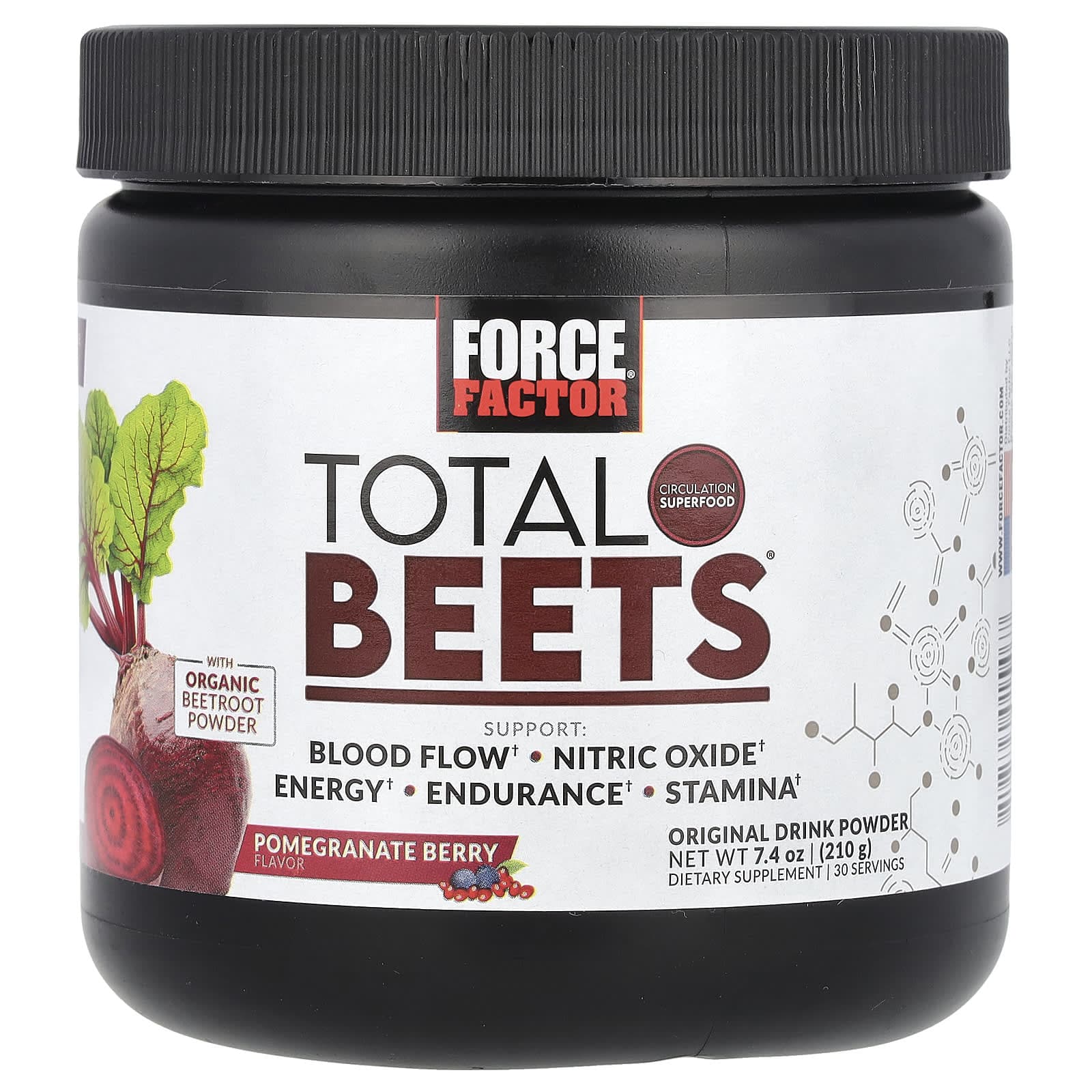 Force Factor, Total Beets, Pó Original para Bebida, Romã Amora, 7,4 oz (210 g)