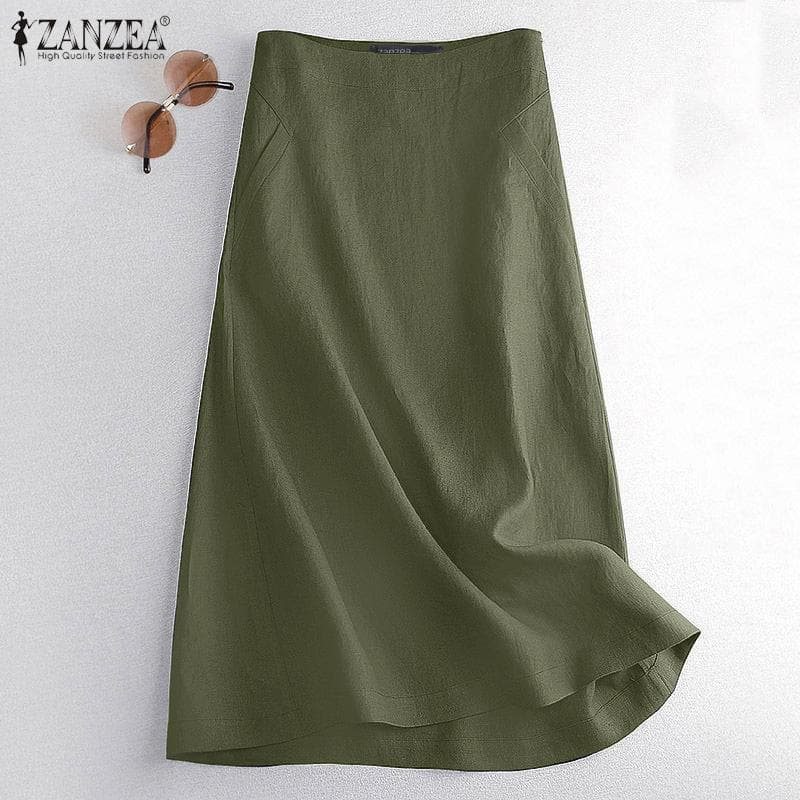 ZANZEA Saia feminina casual de verão com zíper lateral e linho de algodão cm bege