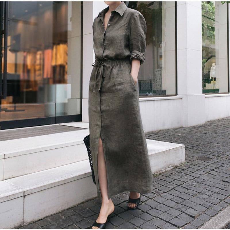 Camisa de cordão de linho casual de outono de Johnature veste vestidos mulheres japonesas virar-se lala de laço sólido cor de luz vestido solto cm
