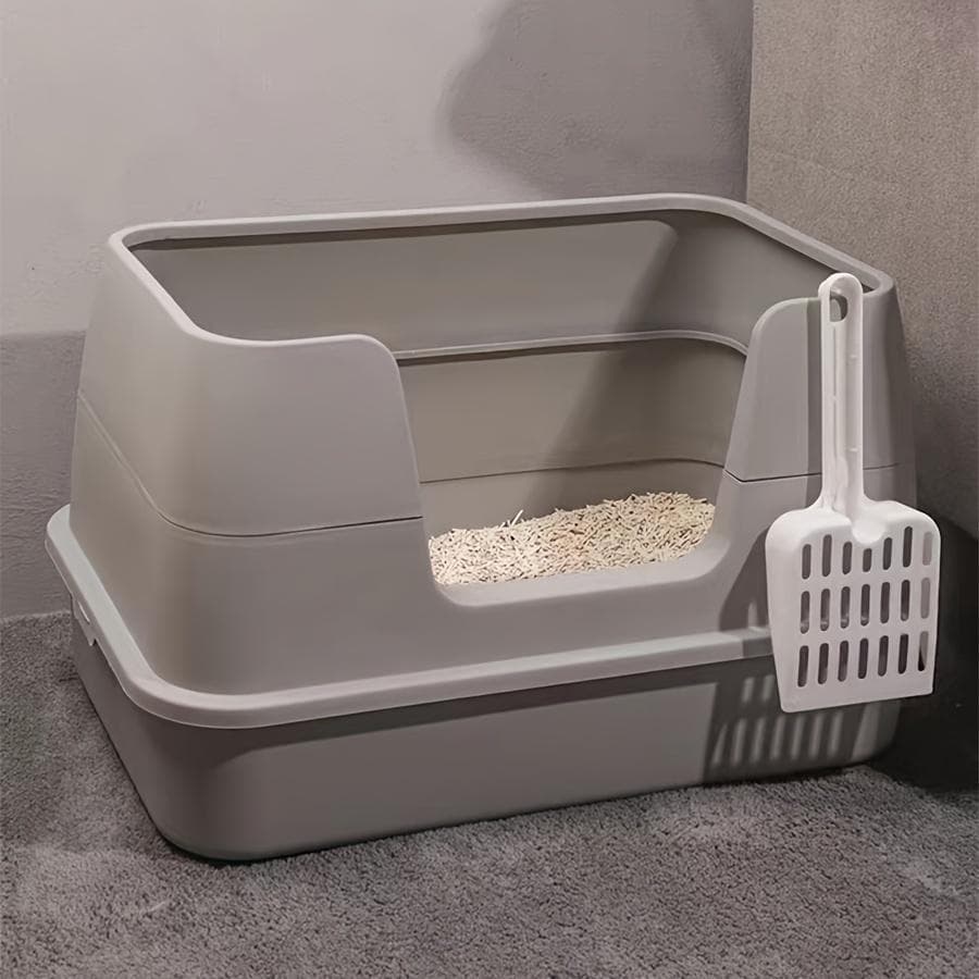 Caixa de areia extra grande para gatos com colher de plástico, caixa de areia para gatos com cerca alta, vaso sanitário para gatos de fácil limpeza