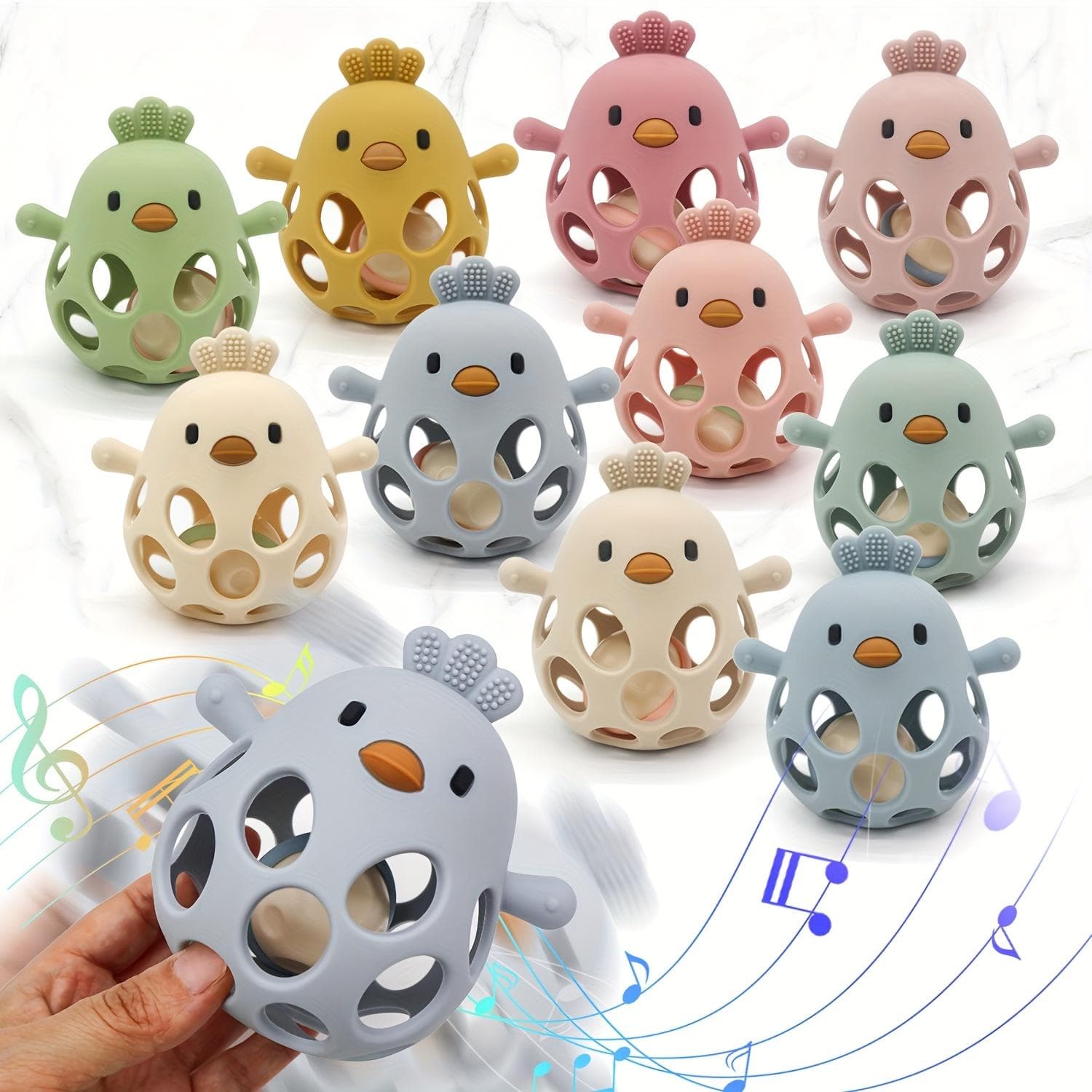 Cores Sortidas Brinquedo de Dentição de Silicone Pintinho com Chocalho - Brinquedo para Morder e para Pegar com as Mãos para Crianças Pequenas