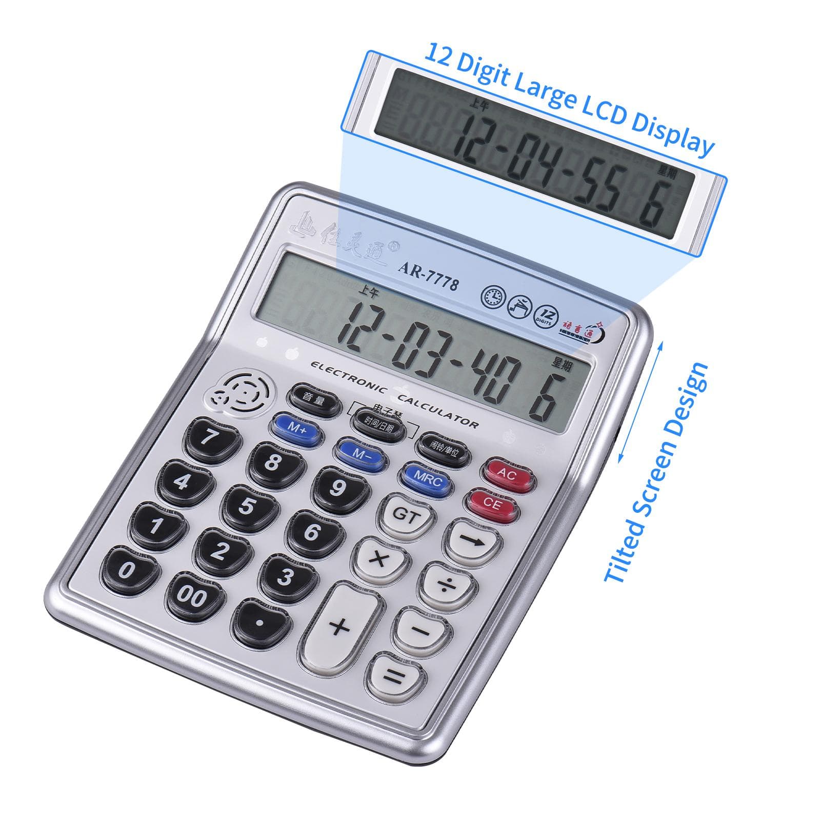Calculadora de mesa musical, display LCD de 12 dígitos, calculadora eletrônica, contador, botões grandes com prata