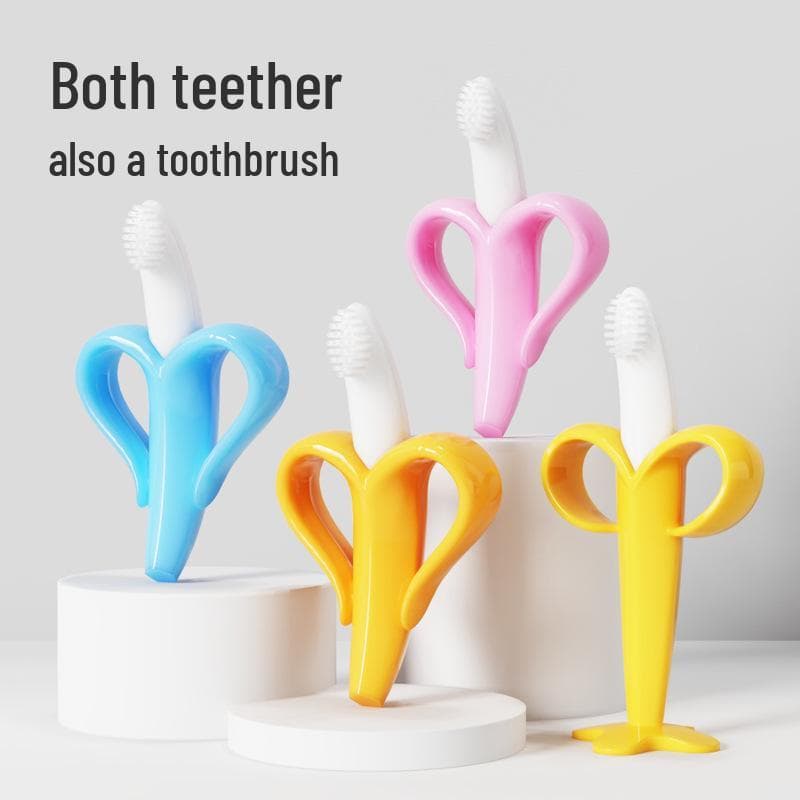 Mordedor e Escova de Dentes de Silicone de Banana Popular com Ventosa - Bastão Molar Seguro para Bebês, Brinquedo para Mastigar de Grau Alimentar