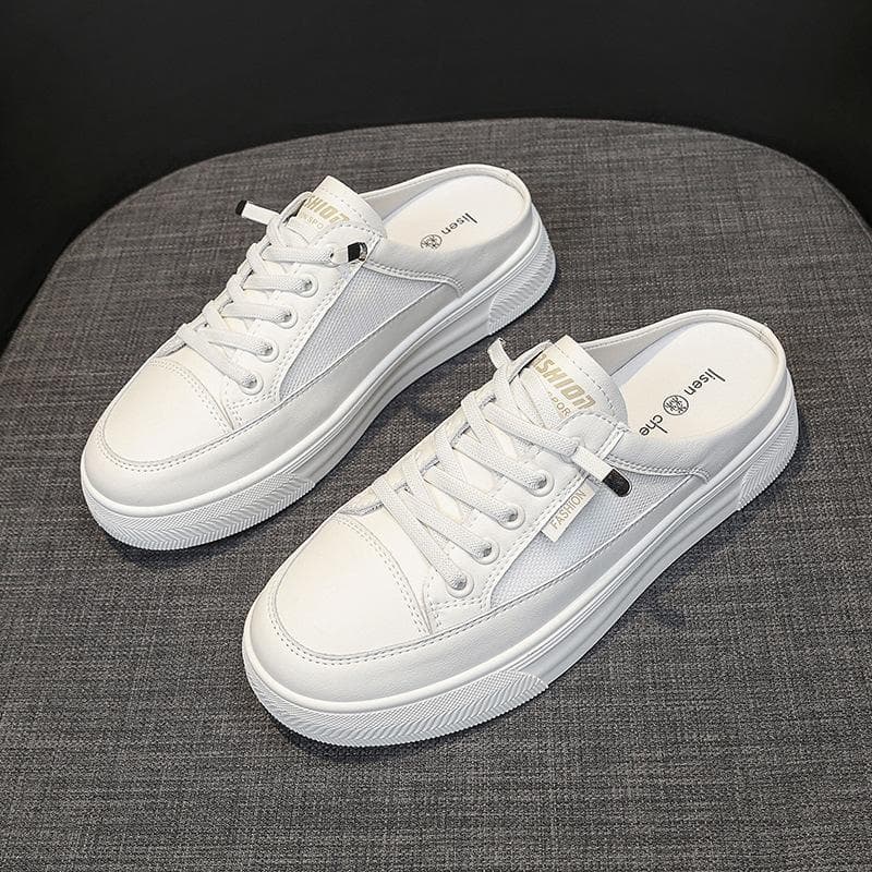 Bolsa de couro com fundo plano, cabeça e meio chinelos femininos, verão, nova malha respirável, sem salto, sapatos preguiçosos, pequenos sapatos
