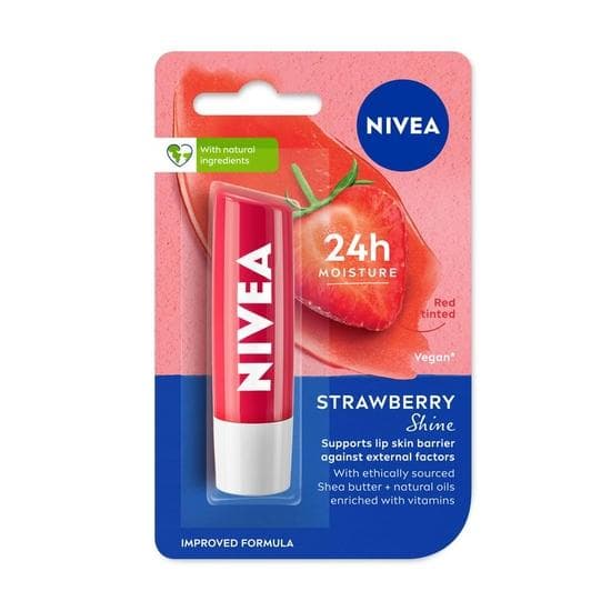 Bálsamo Labial NIVEA Strawberry Shine 4,8g | Fórmula Hidratante que Derrete por 24 Horas | Óleos Naturais | Acabamento Brilhante, 4,8g (Pacote de