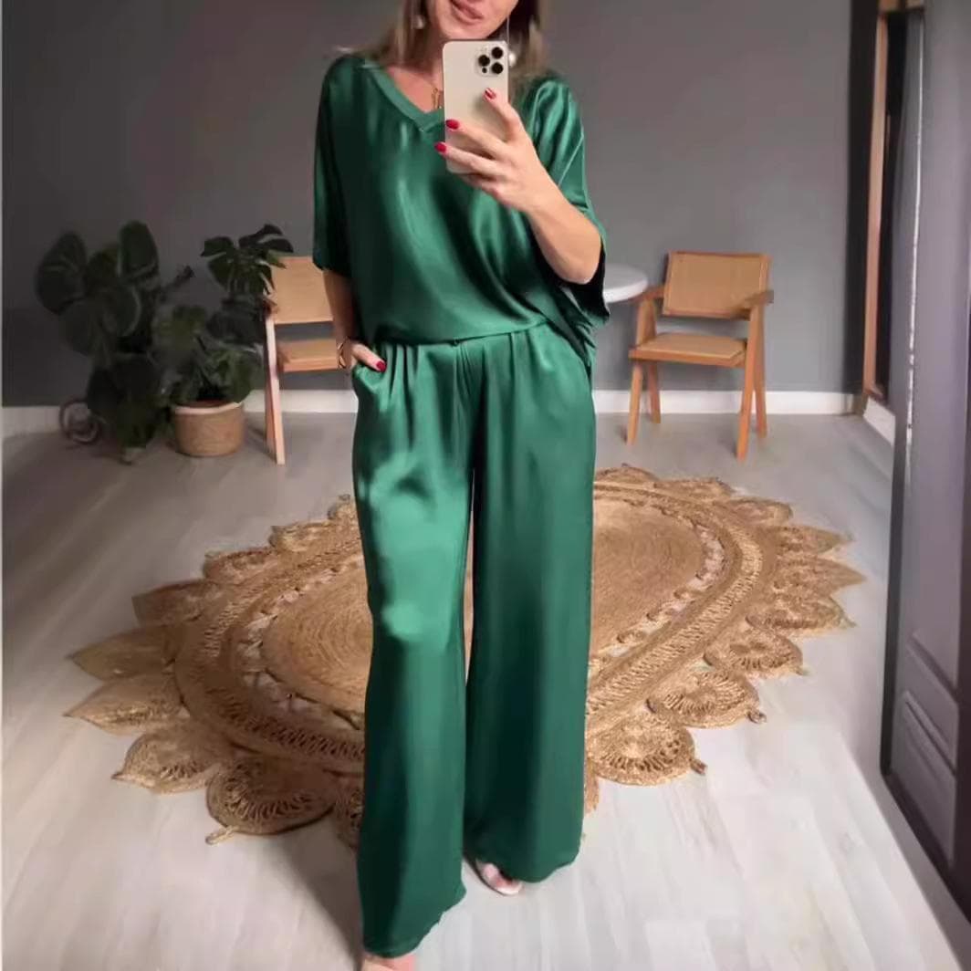 Elegant Silk V-Neck Casual Women's Summer Set - 2024 European & American Fashion cm preto