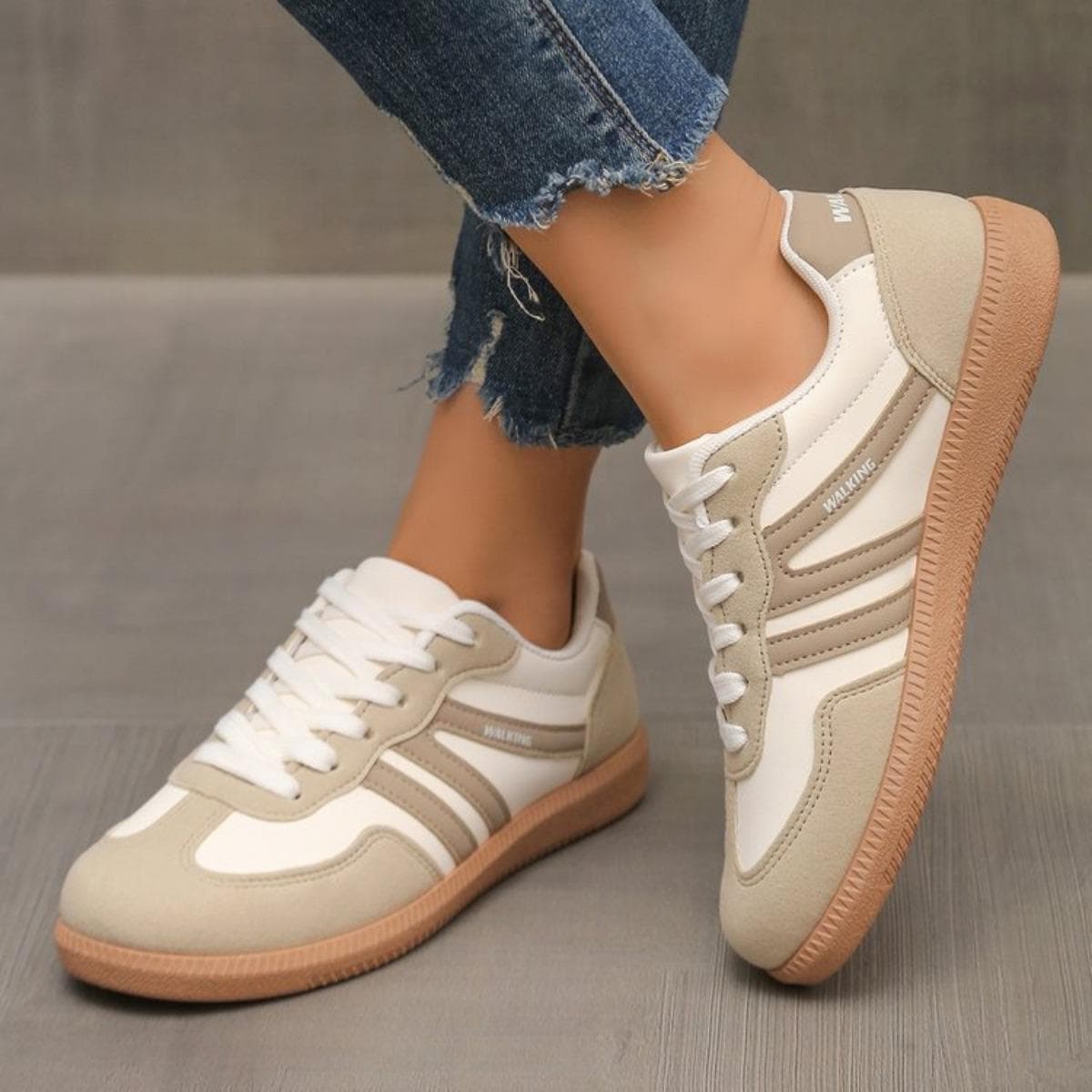 Tênis Femininos Plus Size Retrô Color Blocked Solado Plano para Mulheres cm caqui