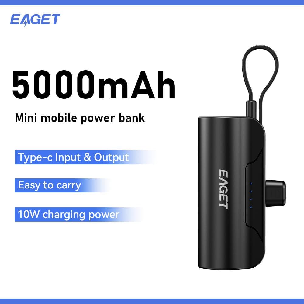 EAGET Power Bank Portátil 5000mAh Mini de bolso Carregador de telemóvel com Cabo Embutido Porta Dupla Tipo-C para 15 pro/15 Pro Max Telemóveis